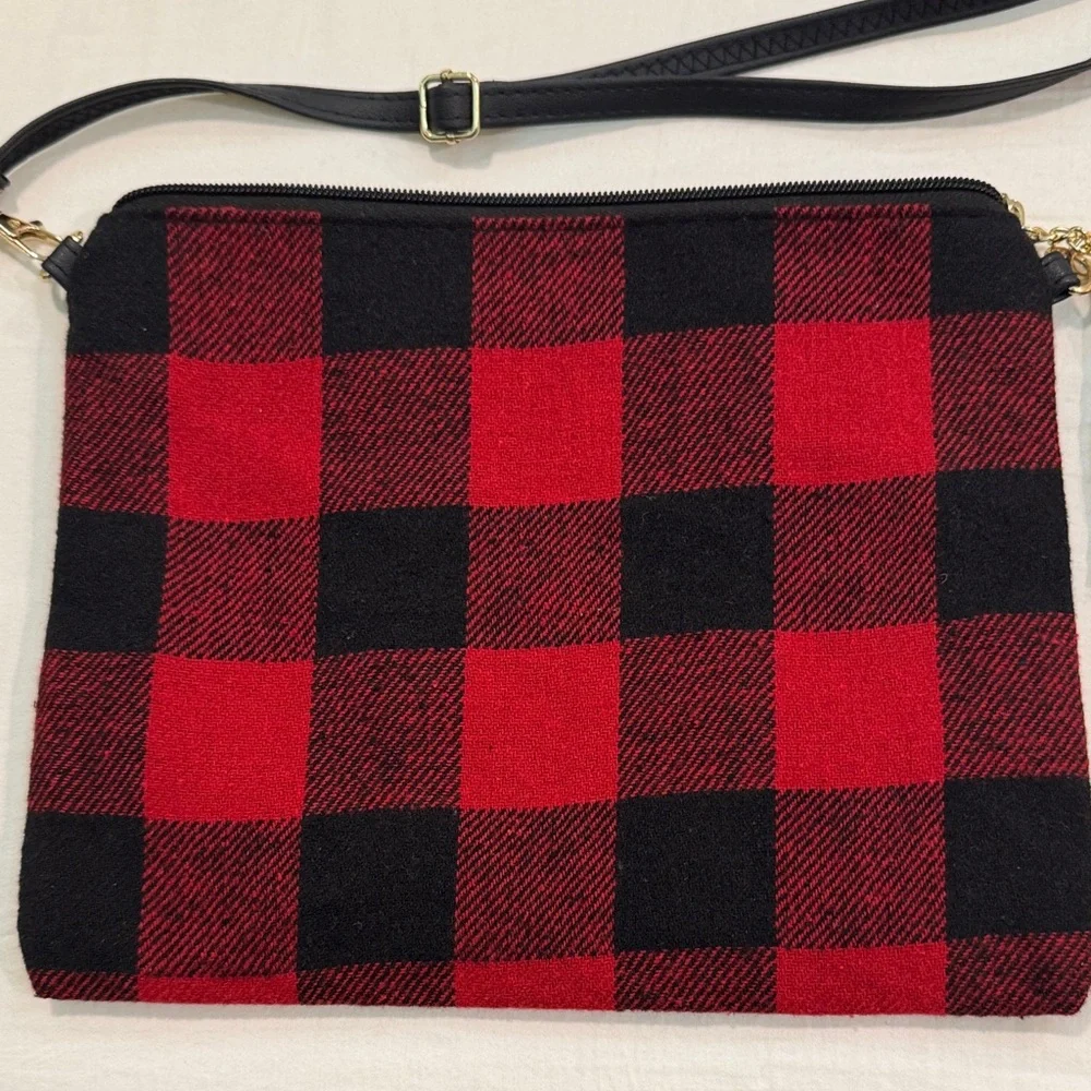 Red and Black Buffalo Plaid Crossbody Bag with Tassel